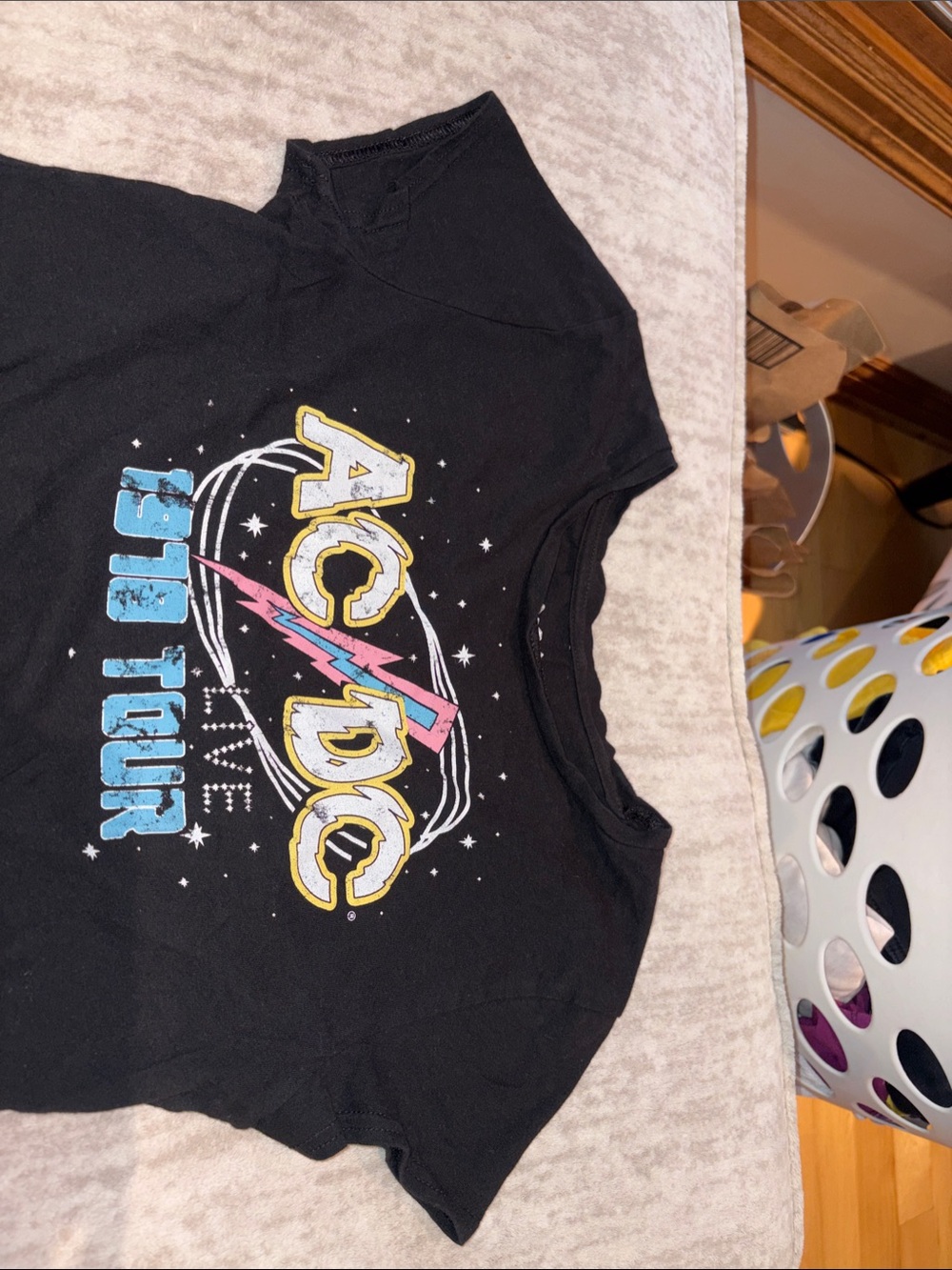 AC/DC Black Crop Top with Yellow, Blue & Pink Lightning Logo